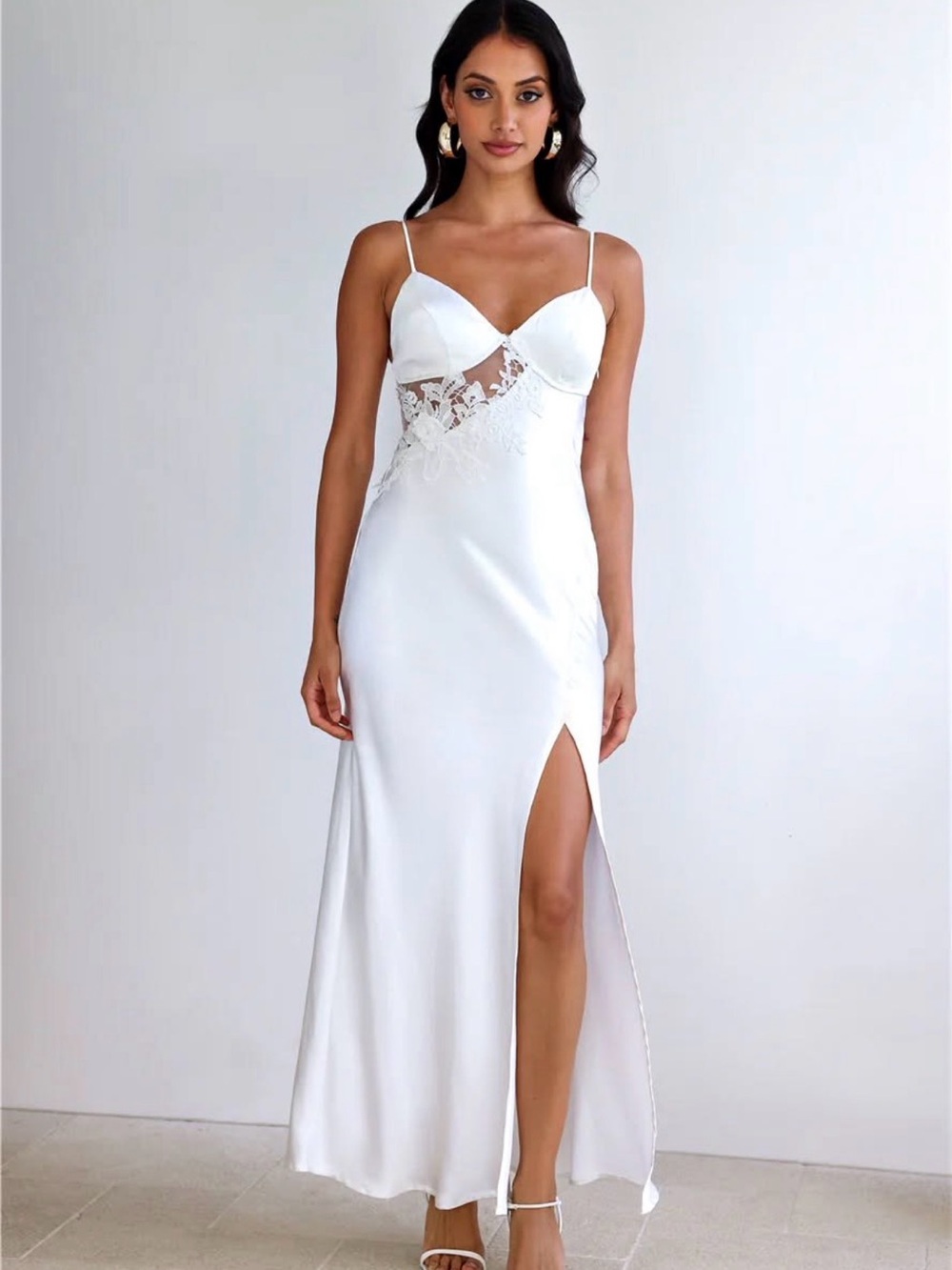 Hello Molly White Lace-Trim Slip Maxi Dress with Side Slit